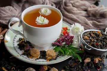 Tea in a cup on an old background