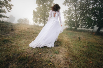 Fototapeta na wymiar girl in a white dress on a mist field with oaks
