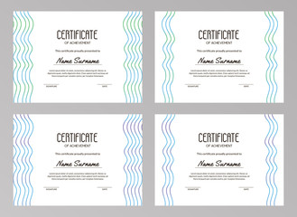 Modern abstract certificate templates with gradient wavy lines on the white background. Vector completion template for educational courses, contests, training. A4 standard scaled size