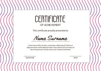 Vivid abstract certificate template with purple wavy lines on the white background. Usable for educational courses, contests, training. A4 standard scaled size. Vector illustration