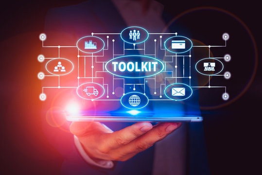 Word writing text Toolkit. Business photo showcasing set of tools kept in a bag or box and used for a particular purpose Male human wear formal work suit presenting presentation using smart device