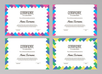 Trendy multicolored certificate templates with triangle frames. Usable for educational courses, contests, tests, training. Vector illustration. A4 standard scaled size