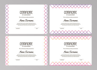 Collection of trendy certificate designs with outline gradient rhombus and triangles. A4 standard scaled size Usable for educational courses, contests, training. Vector illustration