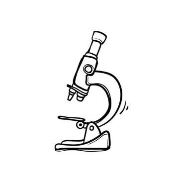 hand drawn microscope. line art chemistry, pharmaceutical instrument, microbiology magnifying tool. Symbol of science, chemistry and exploration. Vector lab microscope illustration isolated