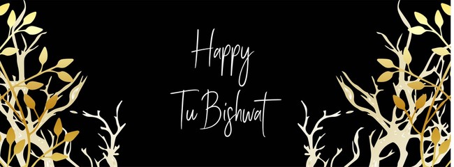 horizontal banner Tu Bishvat greeting card, po illustration. ster. Jewish holiday, new year tree. Golden tree. Vector. © Анна Таранкова