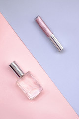 Perfume bottle mock up on color minimalistic background. Product Presentation Concept