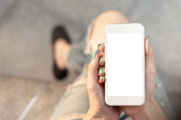 Mockup image blank white screen cell phone.man hand holding texting using mobile on desk at coffee shop.background empty space for advertise text.people contact marketing business,technology 