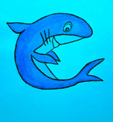  Seamless pattern, smiling shark painted with watercolors. Design for childrens clothing, pajamas, cards, covers, wrapping paper.