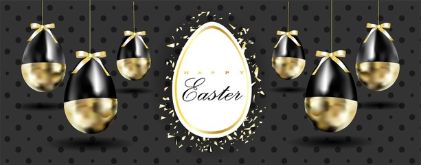 Happy easter lettering background with realistic golden glitter decorated eggs, confetti, golden brush splash. Vector illustration for greeting card, announcement, promotion, poster, flyer, web banner