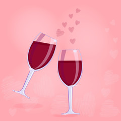 Two glasses of red wine with hearts on a pink background. Romantic vector illustration for Valentine's day for greeting card, greeting card or menu decoration.