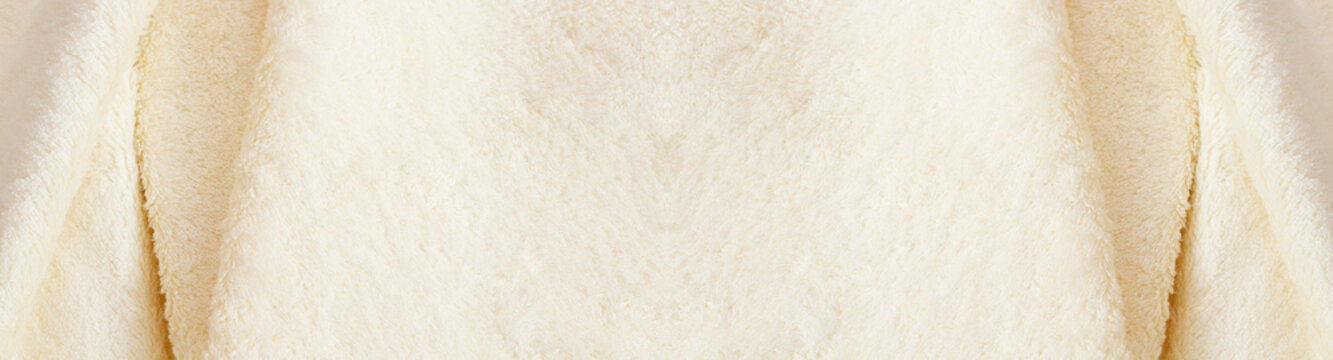 Closeup white towel banner background. Top view and mock up fluffy shower towels texture. Template blank copy space. Flat lay. Selective focus
