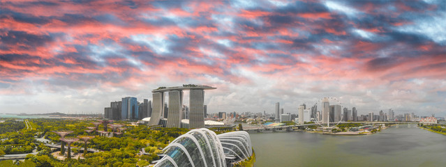 Panoramic aerial view of Singapore skyline at sunset © jovannig