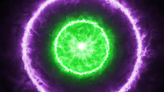 Scientific Abstraction With The Green Sphere Pulsing Off Purple Rings