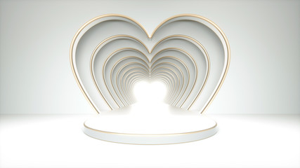 Obraz premium Abstract Empty White And Gold Heart Shaped Background With Pedestal. Valentine's Day Concept - 3D Illustration 