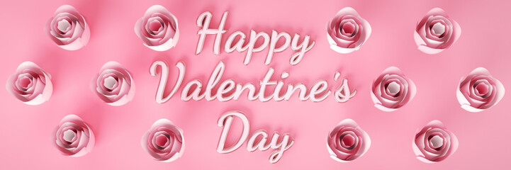 Happy Valentines Day Concept. Top View Baby Pink Happy Valentine's Day Text With Pink Roses Isolated On The Pink Background. - 3D Illustration. 