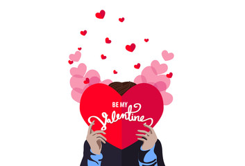 Person holding a big heart in hands. Romantic Valentine's day vector illustration.
