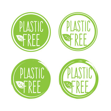 Plastic free green icon badge and product sign for labels, stickers and stamps. Bpa plastic free chemical mark zero or 100 percent clean.