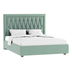 Double bed in a classic style with soft turquoise quilted upholstery and white bedding on a white background. 3d rendering