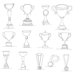 vector, isolated, drawing continuous line winner cup, set