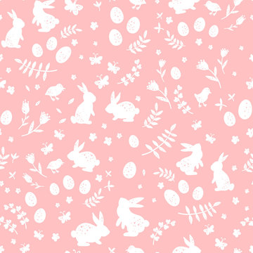 Cute hand drawn easter seamless pattern, colorful spring background with bunnies, easter eggs, flowers, butterflies - great for textiles, banners, wallpapers, cards and wrapping - vector design