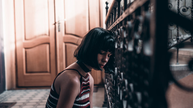 sad girl look down 