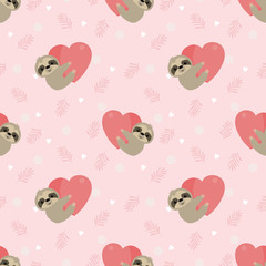 Cute sloth hold a heart on pink leaves seamless pattern.