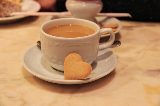 A color image of a cup of coffee and a biscuit served in a white cup and saucer.