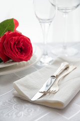 Valentine's day or romantic dinner with red rose. Catering.