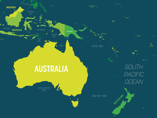 Obraz premium Australia and Oceania map - green hue colored on dark background. High detailed political map of australian and pacific region with country, capital, ocean and sea names labeling