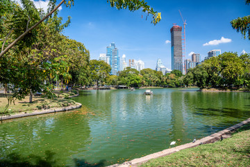 Lake, trees and city buildings from Lumphini Park in Bangkok