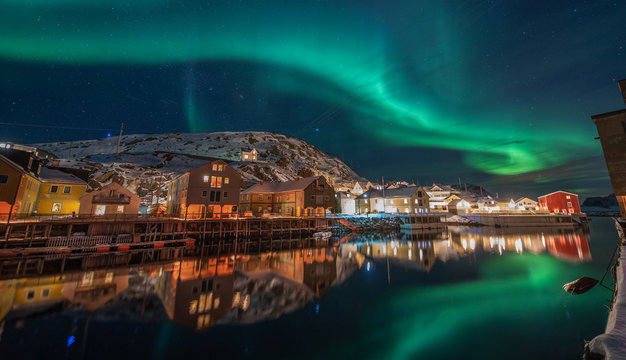 Northern lights over Nyksund, Langoya, Vesteralen, Nordland, Norway