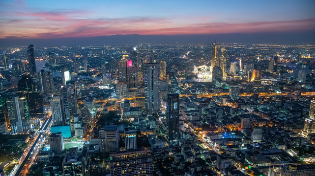 Aerial sunset view of Bangkok modern skyline, Thailand © jovannig