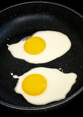 Raw fried eggs.Tasty over easy fried egg in frying pan, closeup