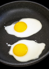 Raw fried eggs.Tasty over easy fried egg in frying pan, closeup