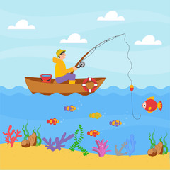 Obraz na płótnie Canvas Cute boy fishing in a boat with fishing rod. Vector illustration design cartoon style for print, card, children game
