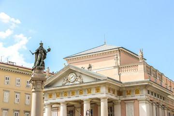 Trieste, Italy. Leopoldo I D'Asburgo statue in front of Chamber of commerce (Camera di Commercio, Industria, Artigianato e Agricoltura Venezia Giulia).