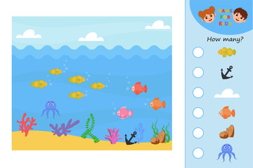 Fototapeta na wymiar Educational game for kids. How many. Underwater world. Printable worksheet for children. Puzzle. Vector illustration