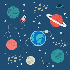 Tapeten Kinderzimmer Cartoon-Galaxie-Konzept. Planeten im Weltraum. Vektor-Illustration.