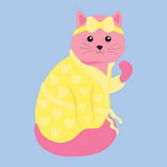 Cute cartoon cat on a colored background. A cat dressed in a bathrobe is washing. Flat vector illustration.