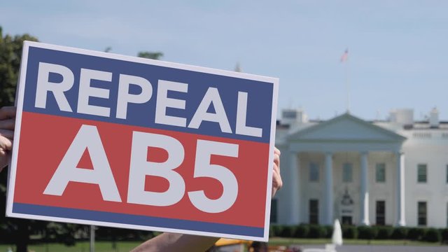 A man holds a REPEAL AB5 protest sign in front of the White House on a sunny summer day. California Assembly Bill 5 classifies all independent contractors as employees.  	