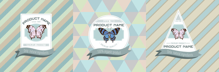 Three colored labels with illustration of alcides agathyrsus, salamis parhassus