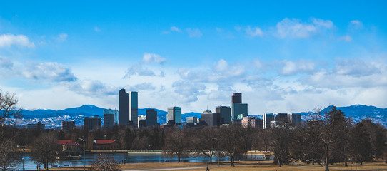 Denver city skyline by a lake