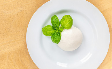 Traditional Italian Mozzarella cheese and basil leaf on white plate over wood table. Traditional Italian food .