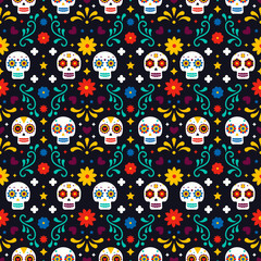 Dia De Los Muertos seamless pattern with skulls and flowers on black background. Traditional mexican Halloween design for Day of the dead holiday party. Ornament from Mexico. - 315388913