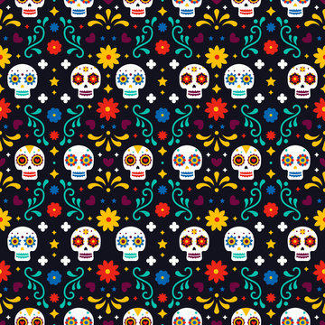 Dia De Los Muertos seamless pattern with skulls and flowers on black background. Traditional mexican Halloween design for Day of the dead holiday party. Ornament from Mexico.