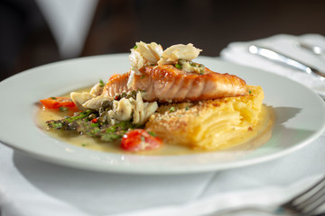 Salmon dinner with asparagus, and potatoes
