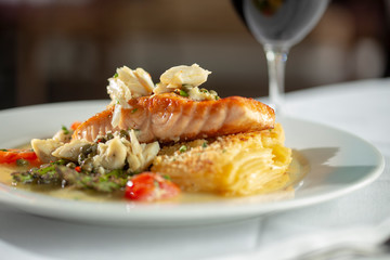 Salmon dinner with asparagus, and potatoes