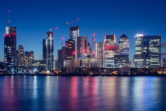 Night Time Skyline View Of Modern Business District Canary Wharf In London