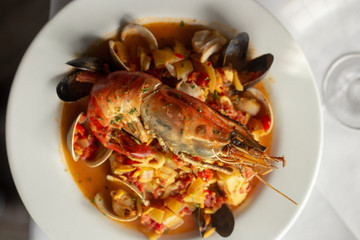 Bouillabaisse with lobster, scallops and shrimp