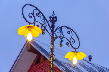 Two lamps on a pole in the early morning in winter.Yellow lanterns at night.